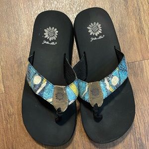 Yellow Box Flip Flops. Color: blue with yellow sequin straps. Size: 10